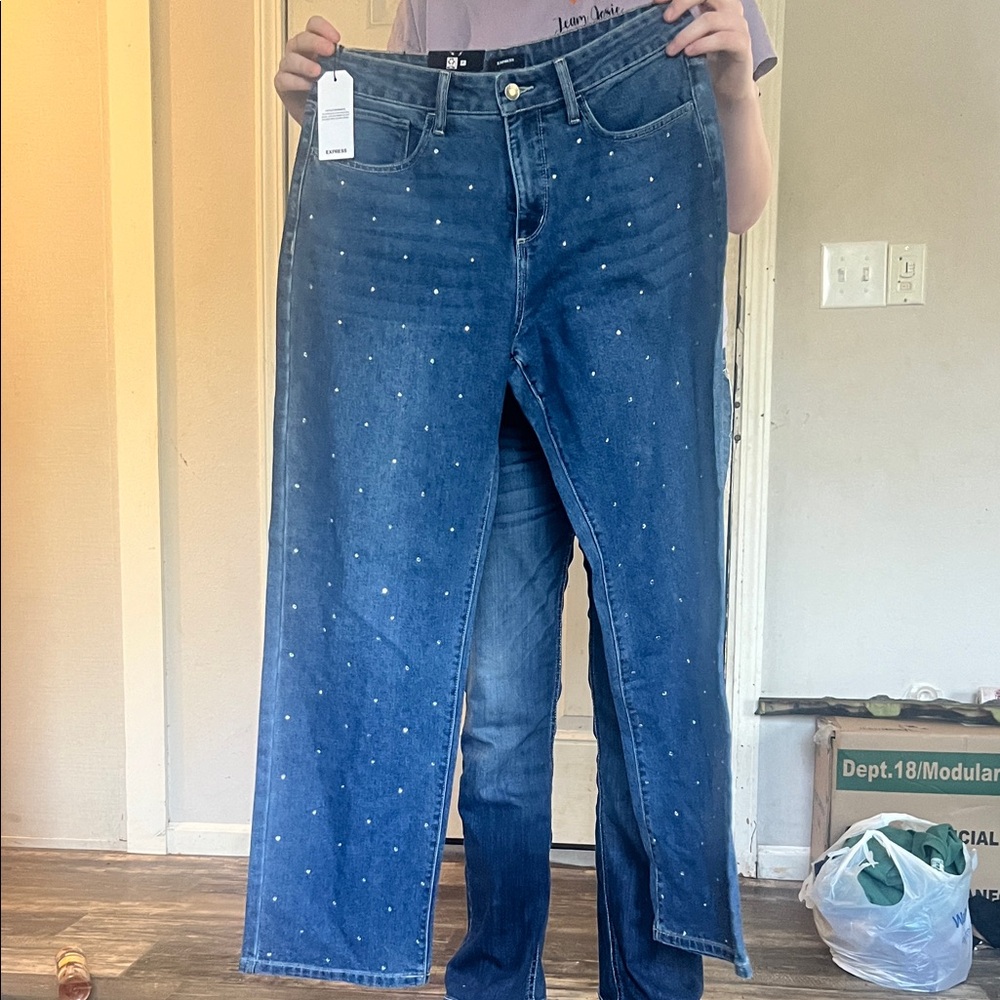 Express Blue Straight Leg Jeans with Pearl Details